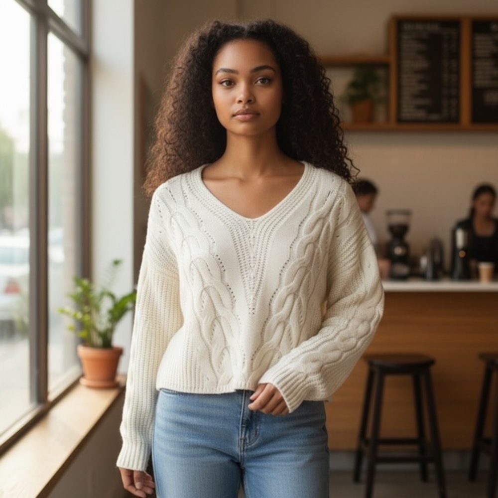 Chesley Ivory V-Neck Cable Knit Sweater